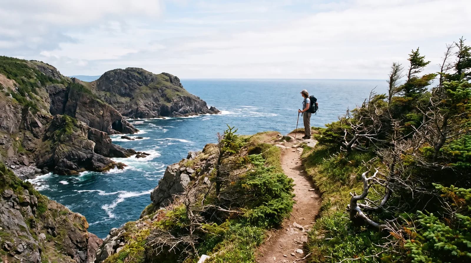 Hiker on a cliff-top section of the East Coast Trail above the Atlantic on the Avalon Peninsula