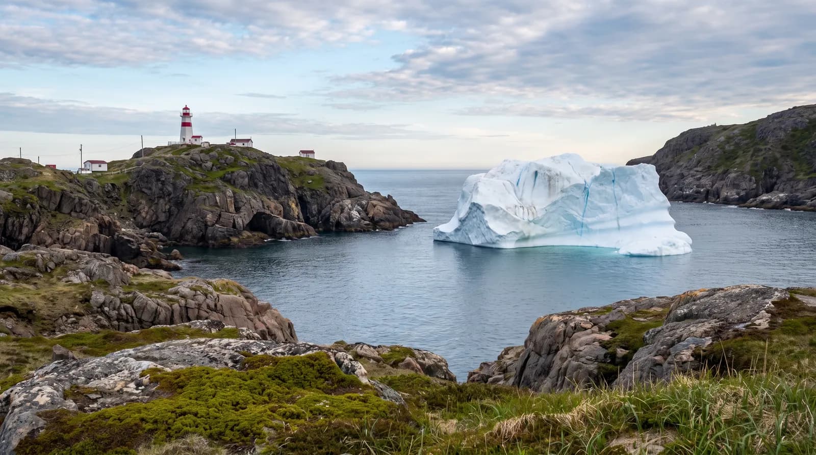 Iceberg drifting past a red-and-white lighthouse on a rocky point near Twillingate, Newfoundland