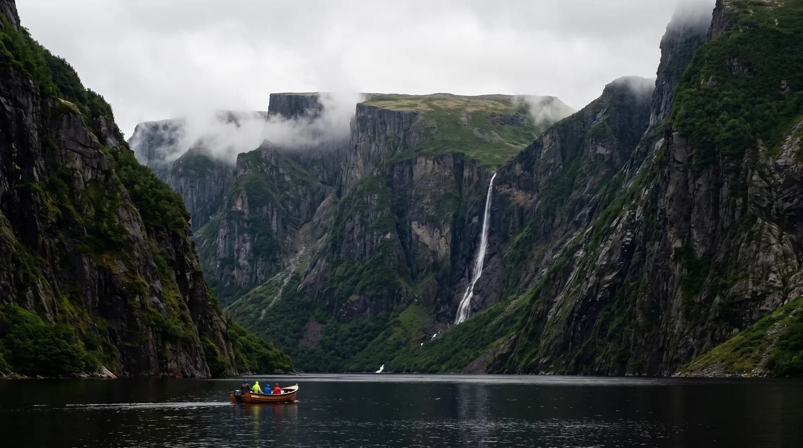 Western Brook Pond fjord in Gros Morne National Park with sheer cliffs, a waterfall and a tour boat