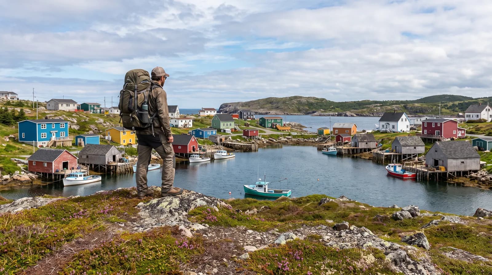 Traveller overlooking a colourful Newfoundland outport fishing village and harbour