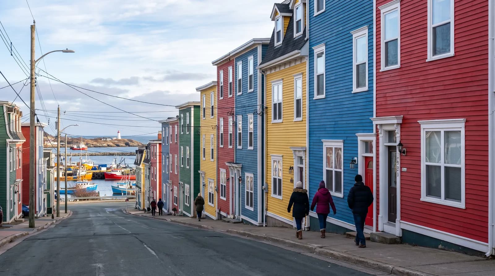 Jellybean row houses on a steep street in downtown St. John's, Newfoundland