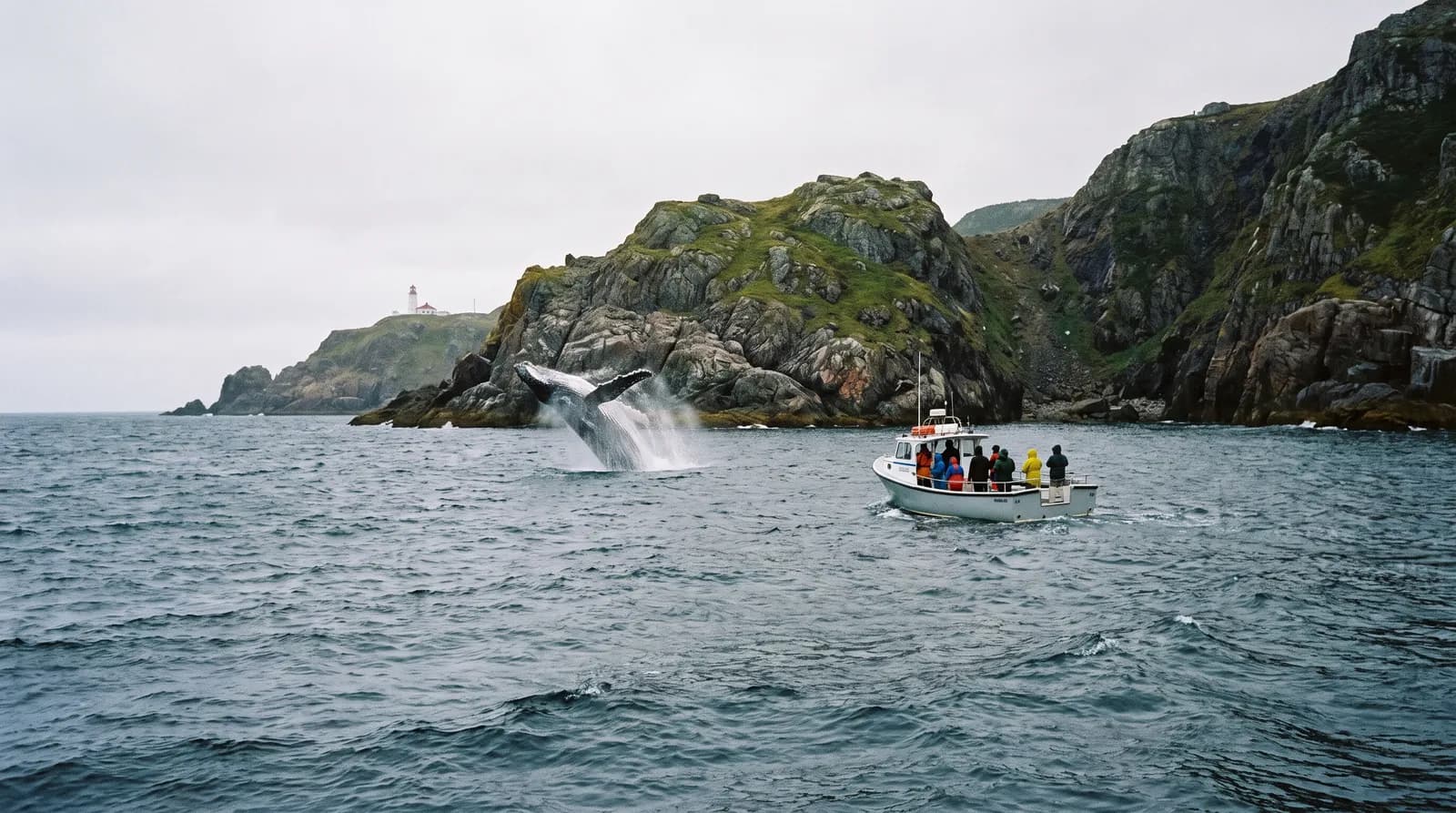 Humpback whale breaching beside a whale watching tour boat off the Newfoundland coast