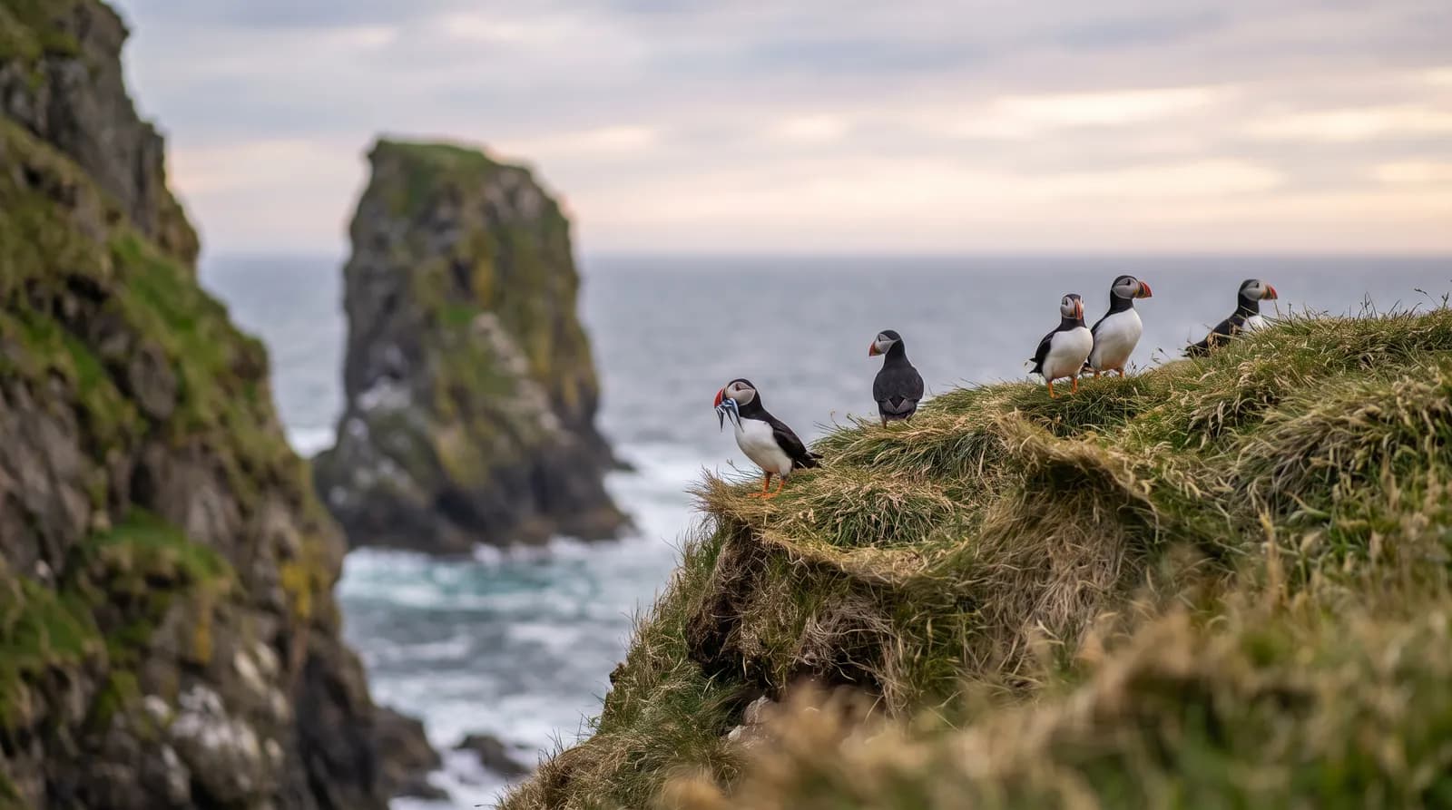Atlantic puffins on a grassy sea cliff in Newfoundland, one holding fish in its beak